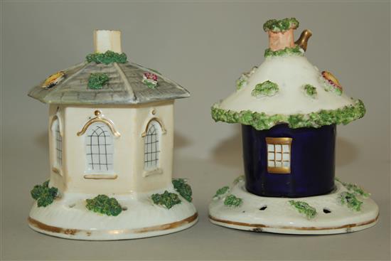 Two Staffordshire porcelain two section toll house pastille burners, mid 19th century, 11.5 - 12cm